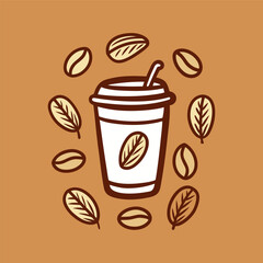 A hand-drawn coffee cup surrounded by coffee beans and leaves, vintage doodle style, simple line art on a beige background