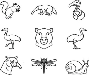 Diverse Fauna and Exotic Animals Line Art Icon Set