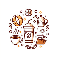 A hand-drawn coffee cup surrounded by coffee beans and leaves, vintage doodle style, simple line art on a beige background
