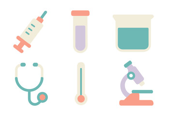 Medical tools and equipment displayed in simple designs representing healthcare and laboratory work