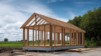 Unfinished residential building with timber frame structure on a new construction site, rising from a concrete block foundation in a peaceful rural setting
