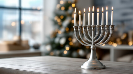 Silver menorah with nine glowing candles on a table, celebrating hanukkah traditions as warm bokeh holiday lights softly blur in the cozy home background