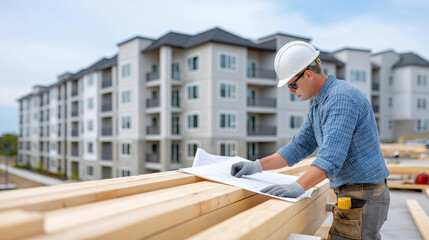 Fototapeta premium Construction worker in hard hat and safety glasses studies blueprints on timber planks at an urban apartment construction site, ensuring careful planning and progress