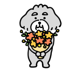 花束を持つ手描きの犬