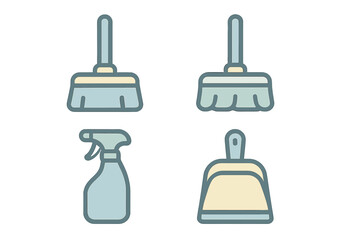 Obraz premium Cleaning tools for household tasks like sweeping and dusting in a simple design