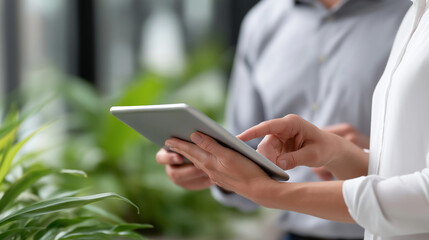 Business colleagues collaborating on a digital tablet in a green office environment, discussing data and planning strategies for modern digital transformation