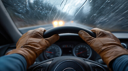 Person driving car in heavy rain during a road trip, safely navigating challenging weather conditions with gloved hands on the steering wheel, focused on the journey