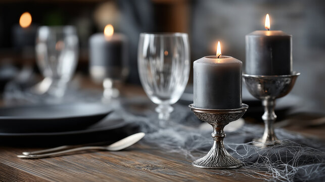 Elegant dimly lit dinner setting with burning grey candles in silver holders, enhancing a dark, gothic, and spooky halloween atmosphere for a romantic evening - Powered by Adobe