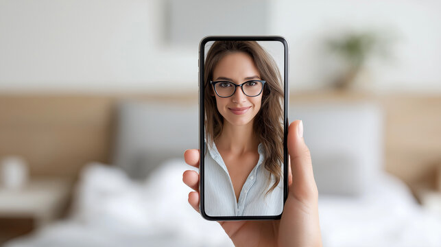 Hand holding smartphone displaying smiling woman wearing glasses on screen in bedroom, connecting online through video call or social media chat