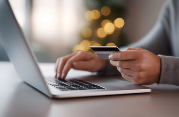 Fototapeta premium Person typing on a laptop and holding a credit card, engaging in online shopping and securely making payments for e commerce transactions from home, illuminated by festive bokeh