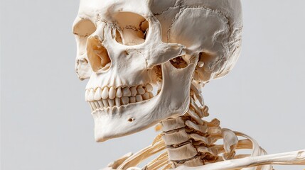 Close up of human skeleton model's skull and neck