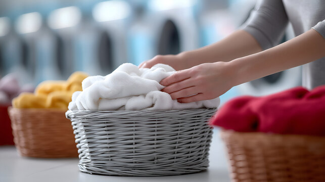 Woman's hands organizing freshly laundered towels into separate baskets, showcasing the daily routine of washing and caring for textiles in a clean, bright public laundry facility