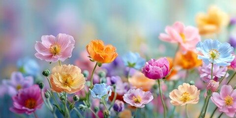 Soft Pastel Floral Background with Colorful Spring Flowers in Bloom, Perfect for Springtime Decor and Floral Designs