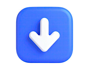 Glossy blue rounded square with white down arrow, 3D render