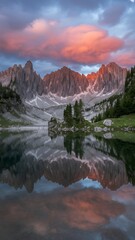 Fototapeta premium Majestic mountain range reflected in a calm lake under a colorful sunset sky