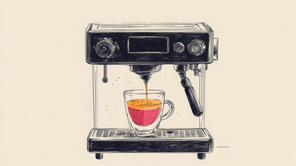 Vintage Line Art Illustration of Espresso Machine Brewing Stylish Layered Coffee Drink in Clear Glass Mug