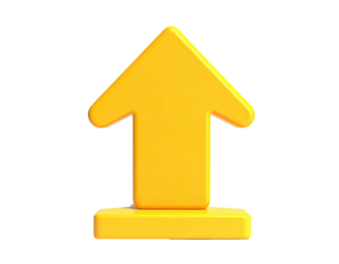 A bright yellow 3D arrow pointing upward, floating above a dark, solid black background
