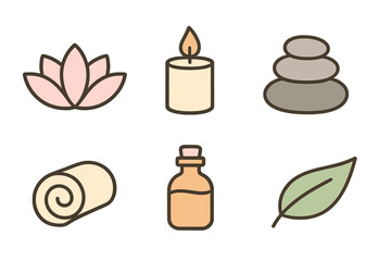 Spa and wellness icons set with lotus, candle, stones, towel, oil, and leaf