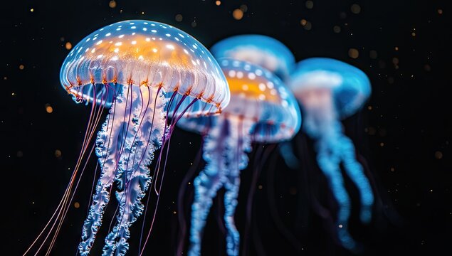Bioluminescent jellyfish float in dark water