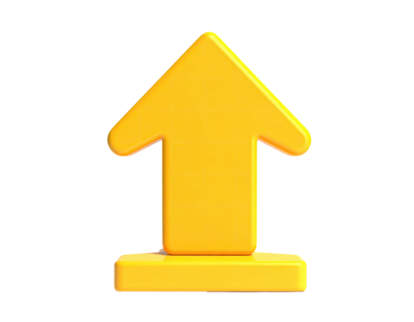 A bright yellow 3D arrow pointing upward, floating above a dark, solid black background