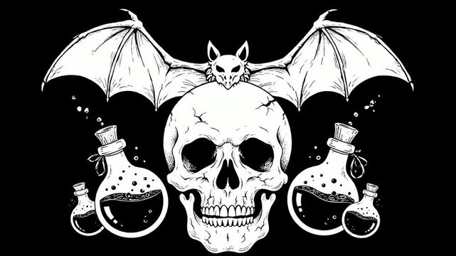 Monochromatic illustration of a skull wearing a dark witch hat while surrounded by potion bottles and topped with a bat in a stark black-and-white composition conveying a spooky, Halloween vibe