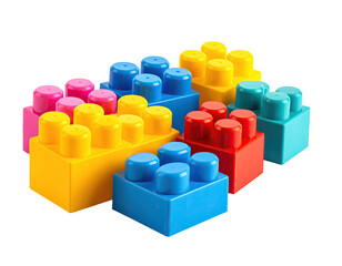 Obraz premium Assorted, brightly colored plastic building blocks, arranged in a vibrant group