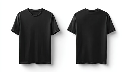Fototapeta premium A plain black short-sleeved crew neck t-shirt shown from the front and back, isolated on a white background