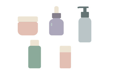 Collection of colorful cosmetic containers arranged on a white background for beauty and skincare purposes