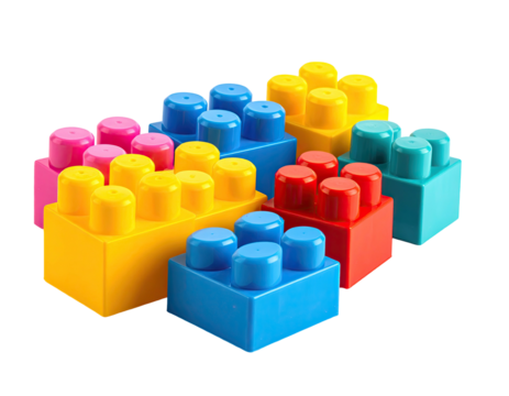 Assorted, brightly colored plastic building blocks, arranged in a vibrant group