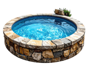 Circular pool with stacked stone surround, water ripples, and flower accent