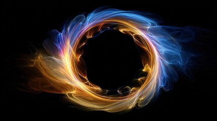 Abstract digital art shows a luminous, swirling ring of blue and gold light against blackness