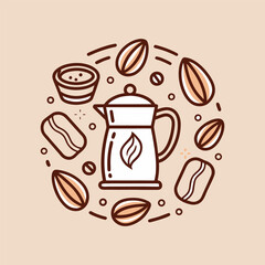A hand-drawn coffee cup surrounded by coffee beans and leaves, vintage doodle style, simple line art on a beige background