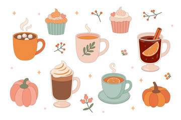 Cozy Autumn Café Vector Set — Hot Drinks, Cupcakes, and Pumpkins on White Background, Cute Fall Illustration