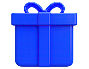 3D render of a blue present box with a ribbon and bow on a black background