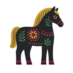 Folk style Scandinavian horse vector illustration in flat design, traditional Dala horse inspired artwork, decorative and colorful animal symbol for Nordic culture and design