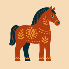 Folk style Scandinavian horse vector illustration in flat design, traditional Dala horse inspired artwork, decorative and colorful animal symbol for Nordic culture and design