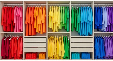 A vibrant, organized closet displaying a rainbow spectrum of clothes, neatly arranged by color.