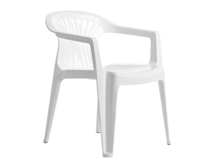 A white plastic chair with armrests, slats in the back, set against black