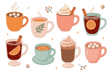 Obraz premium Vector illustration set of cozy hot drinks in mugs and cups – coffee, cocoa, mulled wine, tea with spices, marshmallows, whipped cream – autumn and winter beverages in flat cartoon style