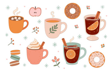 Cozy winter café drinks and sweets vector set with hot chocolate, mulled wine, tea, donuts, and macarons in hand-drawn style