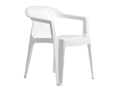 A white plastic chair with armrests, slats in the back, set against black