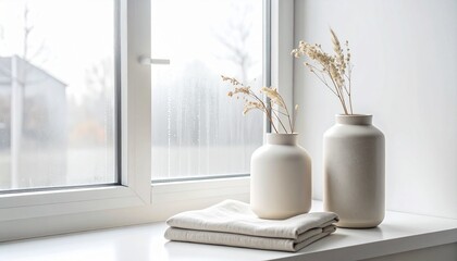 Minimalist still life with dried flowers in ceramic vases by a window