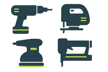 Power tools for woodworking and DIY projects at home, showing drill, jigsaw, sander, and stapler in a flat design style