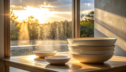 Rustic ceramic bowls on a wooden table, bathed in warm golden hour light streaming through a window.