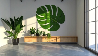Modern Interior with Monstera Leaf, Plants, and Sunlight.