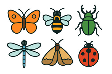 Colorful cartoon insects collection with butterfly, bee, beetle, dragonfly, moth, and ladybug