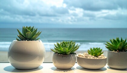 Succulent Plants in White Pots with Ocean View Background