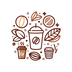 A hand-drawn coffee cup surrounded by coffee beans and leaves, vintage doodle style, simple line art on a beige background
