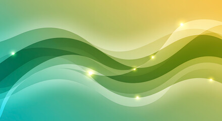 Abstract colorful background with smooth curving wave lines in green, turquoise, and soft yellow, layered transparencies with glowing highlights, symbolizing relaxation, healing energy, and positivity
