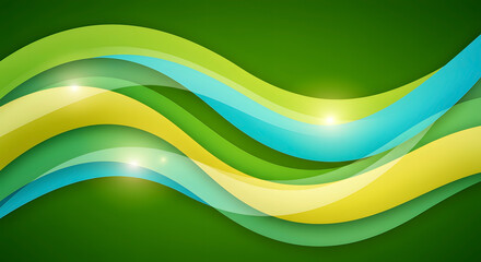 Abstract colorful background with smooth curving wave lines in green, turquoise, and soft yellow, layered transparencies with glowing highlights, symbolizing relaxation, healing energy, and positivity